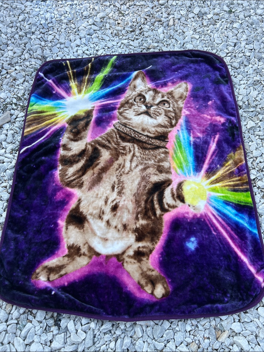 Plush Purple Cat-Print Blanket with Rainbow Accents, laser paws!